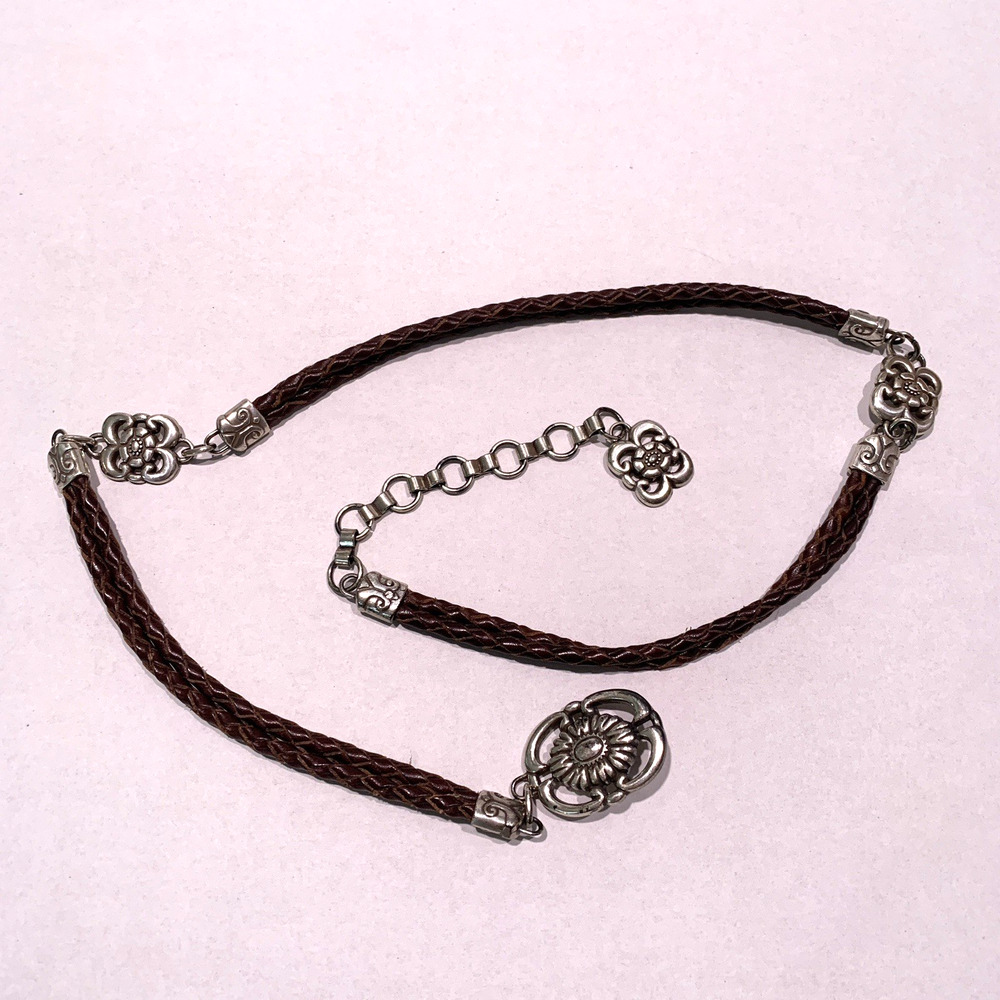 Women Braided Leather Floral Concho Belt Sz L Brown Silver Boho Cowgirl Festival